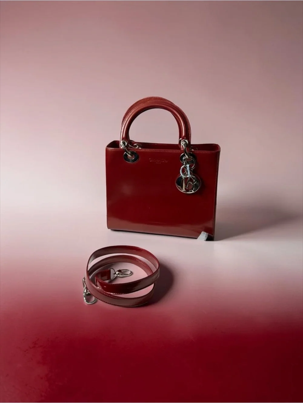 Christian Dior Red Polished Leather w Strap. Lady Dior. Dustbag